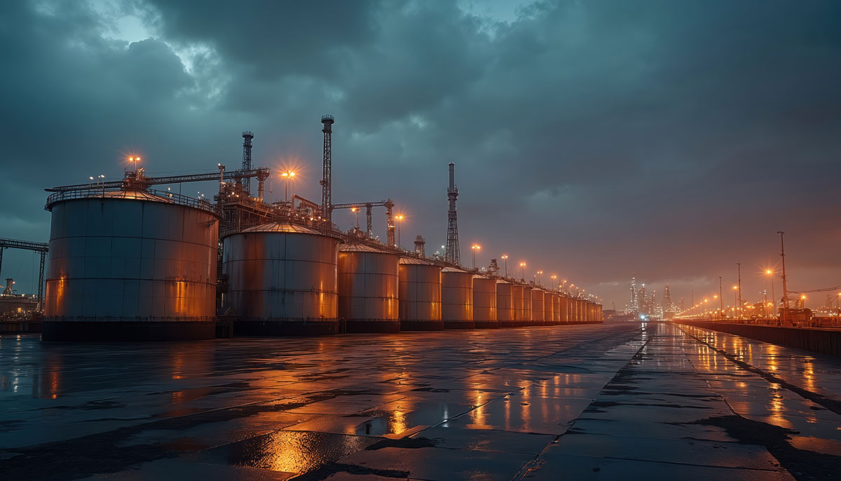 Large industrial storage tanks lined up at waterfront facility illuminated